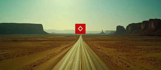 A long desert road leads to a prominent red symbol on the distant horizon, embodying a journey of purpose, future exploration, and the vast concept of discovery