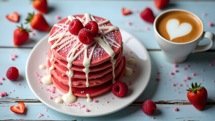 A stack of (fluffy, heart-shaped, pink velvet pancakes), drizzled with white chocolate sauce and topped with fresh raspberries and a cup of cappuccino 