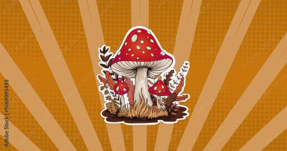 Poster on playing red-capped mushroom cluster centering over orange stripes looping for decorative effect