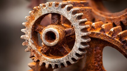 Close-up view of intricately detailed, rusty gears interlocked, showcasing the interplay of metal and oxidation.