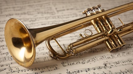 Polished brass trumpet resting on old sheet music.