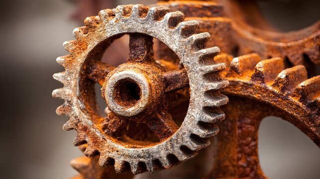Close-up view of intricately detailed, rusty gears interlocked, showcasing the interplay of metal and oxidation.