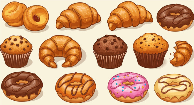 Cherry popover period vector delicious baked goods assortment featuring croissants muffins and donuts perfect for breakfast and dessert treat