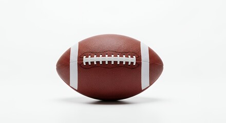 Close-up of an American football with detailed textured surface and white laces on a plain white background capturing the essence of the sport and