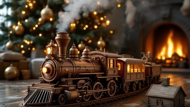 Vintage steam locomotive chugging through a festive holiday scene with glowing lights and decorations