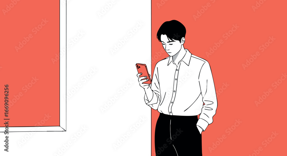Poster young man standing and using smartphone with red background vector illustration