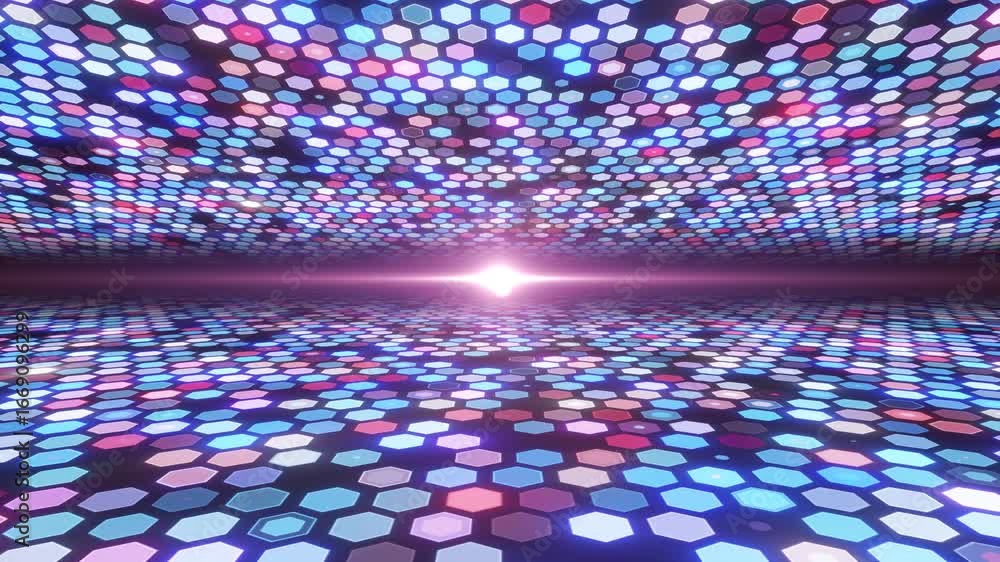 Poster vibrant hexagon grid light tunnel with central glow abstract digital background animation, an immers