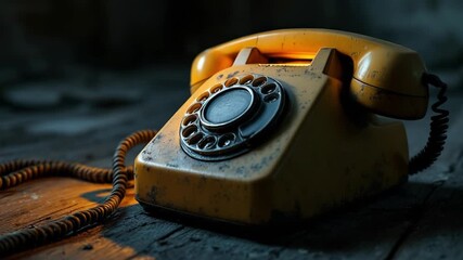 Vintage yellow rotary phone illuminated on rustic wooden floor with atmospheric shadows - Powered by Adobe