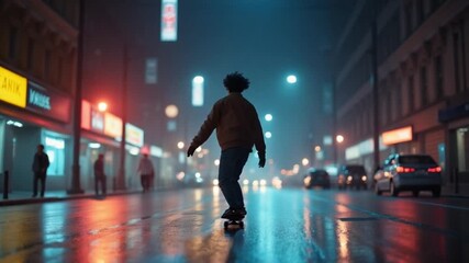 A person skateboarding in a city at night with a bokeh effect and neon lights. - Powered by Adobe