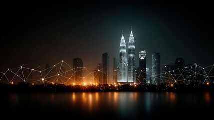 Obraz premium City skyline at night with illuminated skyscrapers and water reflection.
