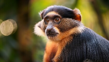 Fototapeta premium angolan talapoin with gentle expression in a natural jungle light setting close up of a small african primate with blurred forest background