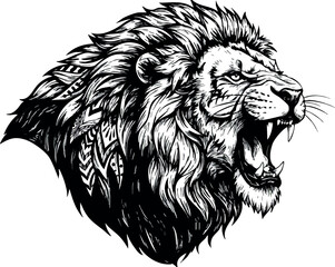 Roaring lion head detailed black and white vector illustration wild animal design 