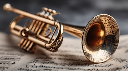 Golden trumpet resting on music sheet music.