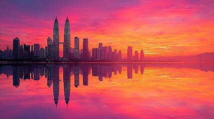 City skyline silhouette reflected in water at sunset with colorful sky.