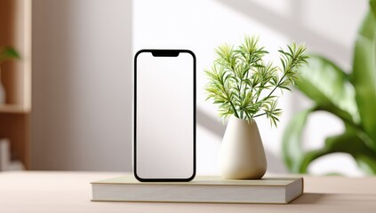 Modern phone mockup, book, plant, sunlight, minimalist home office