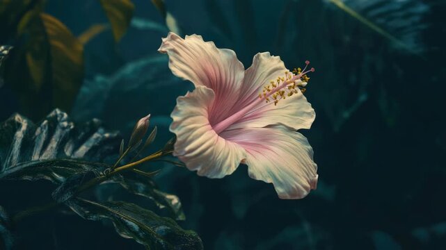 A beautifully blossomed pink Hawaiian Pineapple Guava flower with intricate detailing and green leaves, set against a lush and tropical backdrop.