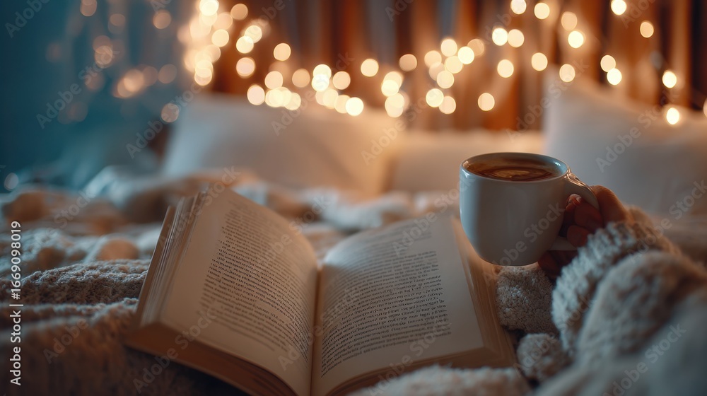 Poster medium shot of a person reading a book with a warm drink blurred string lights in the background ill