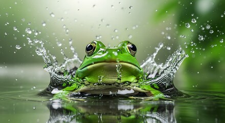 close-up of vibrant green frog splashing water in a natural pond with fresh greenery in the background capturing detailed textures and lively movement