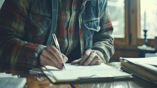 Man engrossed in writing, pen and paper, workspace, desk, notebook, focused attention on task