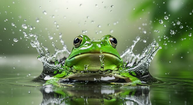 close-up of vibrant green frog splashing water in a natural pond with fresh greenery in the background capturing detailed textures and lively movement