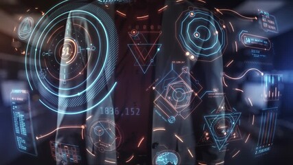 Businessman using futuristic digital technology interface in server room - Powered by Adobe