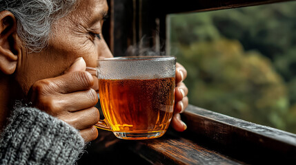 Man sipping tea while looking out of a train window - soft reflections on glass - scenic blur outside
