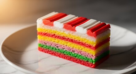 Colorful layered cake with decorative red and white icing on a white plate showcasing vibrant pastel tones and intricate frosting design perfect for