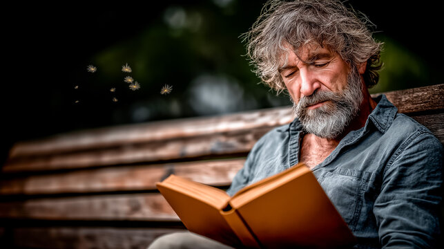 Man reading a book on a park bench - completely absorbed - gentle wind ruffling pages