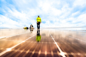 A solar energy engineer coordinates a project on the phone while on a rooftop solar installation. A...