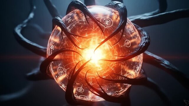 a mystic ball with many symbols of magic. The light magic in the midle of the ball and show power tailed by root