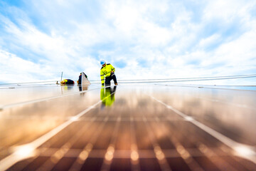A solar energy engineer coordinates a project on the phone while on a rooftop solar installation. A...