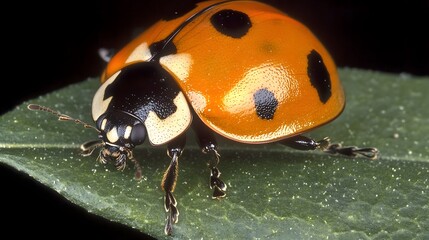 Fototapeta premium Closeup of Ladybug on Green Leaf Detailed Macro Photography