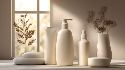 Creamy beige cosmetic containers arranged on a surface, illuminated by natural light, with dried botanicals adding a touch of serenity.