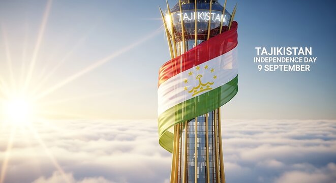 Majestic Tajikistan Tower with Flag Celebrating Independence Day, 9 September. - Powered by Adobe