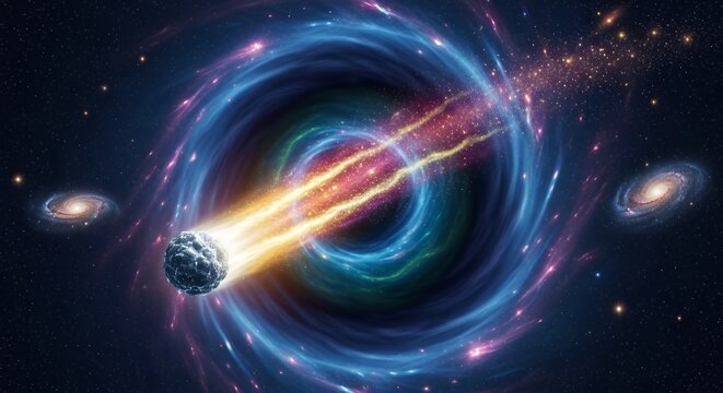 cosmic event depicting a meteor impact near a black hole with vibrant colorful galaxy backdrop and space phenomena