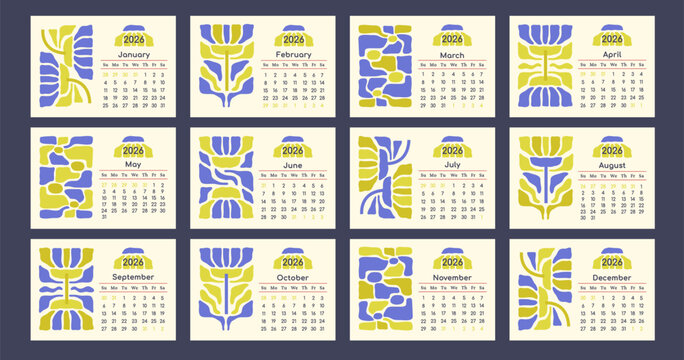 Monthly Calendar 2026 template for wall print, desktop. Horizontal daily planner with minimalist design. Matisse flower art. Yearly pages for business. Printable stationery. Sunday start. Vector