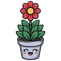 Bright red flower with yellow center in pot vector cartoon illustration