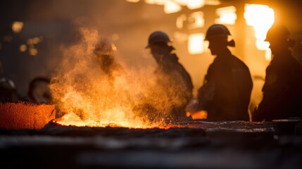 Early dawn medium shot capturing a focused smelter pouring molten copper as the team works behind in soft blur highlighting intense heat and industrial teamwork in openhearth