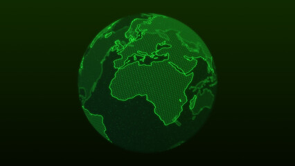 Green Wireframe 3D Globe with Eurasia and Africa Front