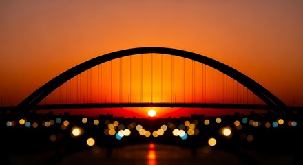Obraz premium Dramatic sunset behind a modern arch bridge creating a captivating silhouette effect