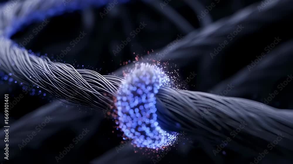 Poster macro shot of spinning nanotube fibers glowing with static as they form tensile cables for nextgen o