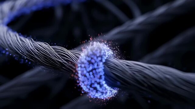 Macro shot of spinning nanotube fibers glowing with static as they form tensile cables for nextgen orbital elevator systems.