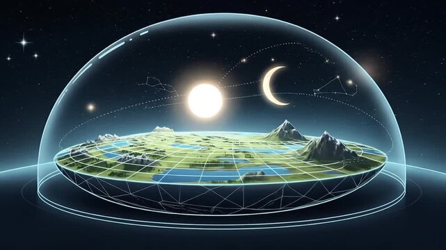Flat earth map with a dome covered model suitable for conspiracy theories, educational content, and scientific misinformation. Suitable for social media.