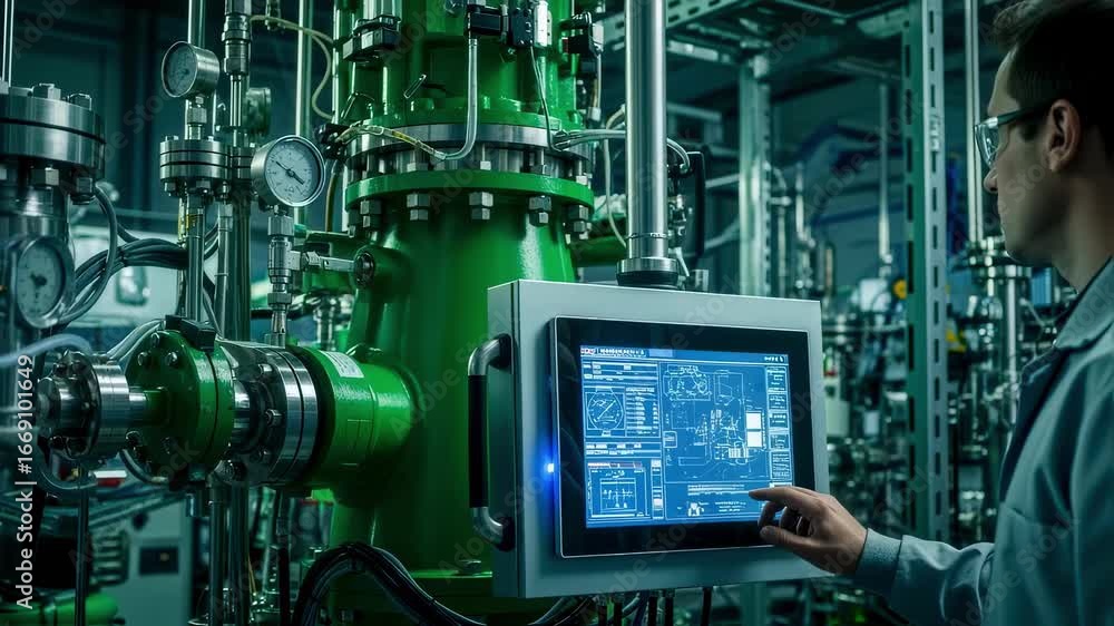 Poster technician operating digital control panel on green propulsion monopropellant blending unit ensuring