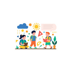 Happy Kids Learning Together Outdoors Flat Illustrations