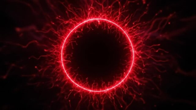 Abstract red circle plasma lightning particle effect, ring with swirling light particles overlay visual effect layer. 4k video