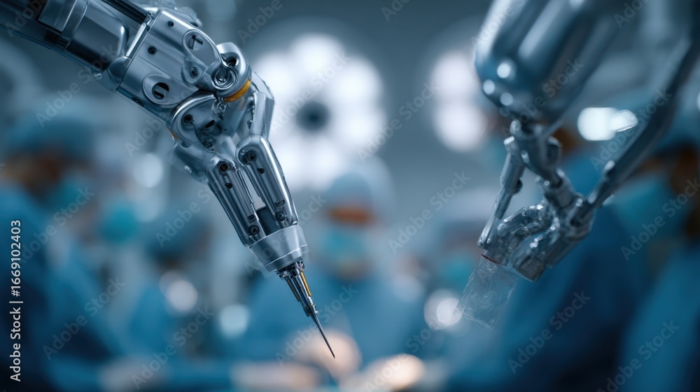 Poster focused medium shot capturing the robotic systems arm approaching and locking onto a singleport lapa