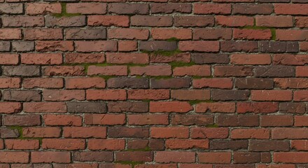 Obraz premium A weathered brick wall with mortar dark red and brown bricks with patches of green moss