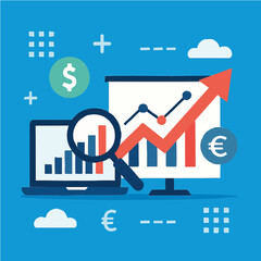 Business Finance Growth Chart with Currency Symbols and Magnifying Glass – Vector Illustration