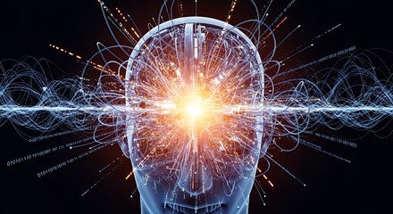 Futuristic digital brain with glowing neural networks and light effects representing advanced artificial intelligence and interconnected data flow